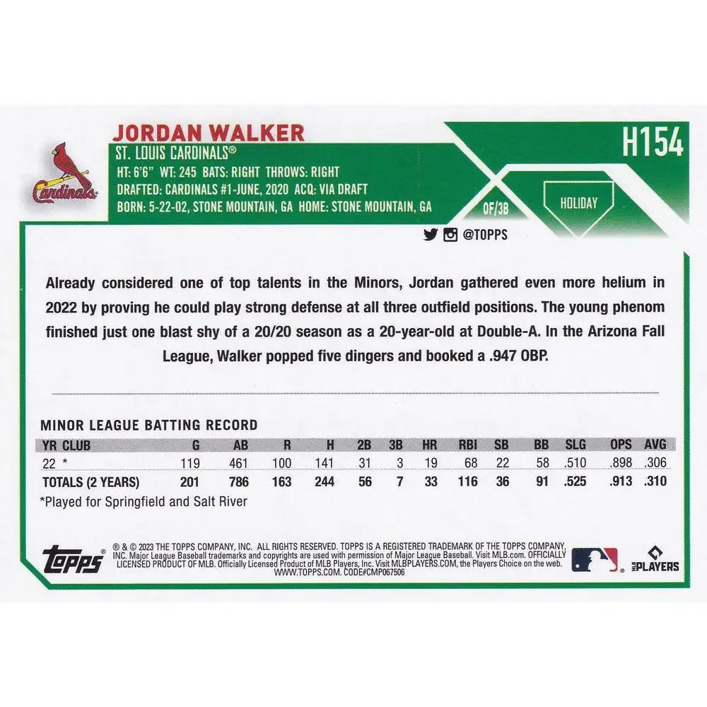 2023 Topps Holiday Jordan Walker RC H154 St. Louis Cardinals
